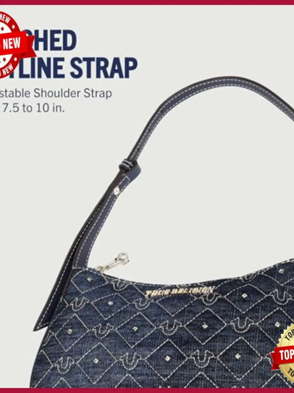 Studded Denim Shoulder Bag Quilted Horseshoe Pattern Gold Hardware